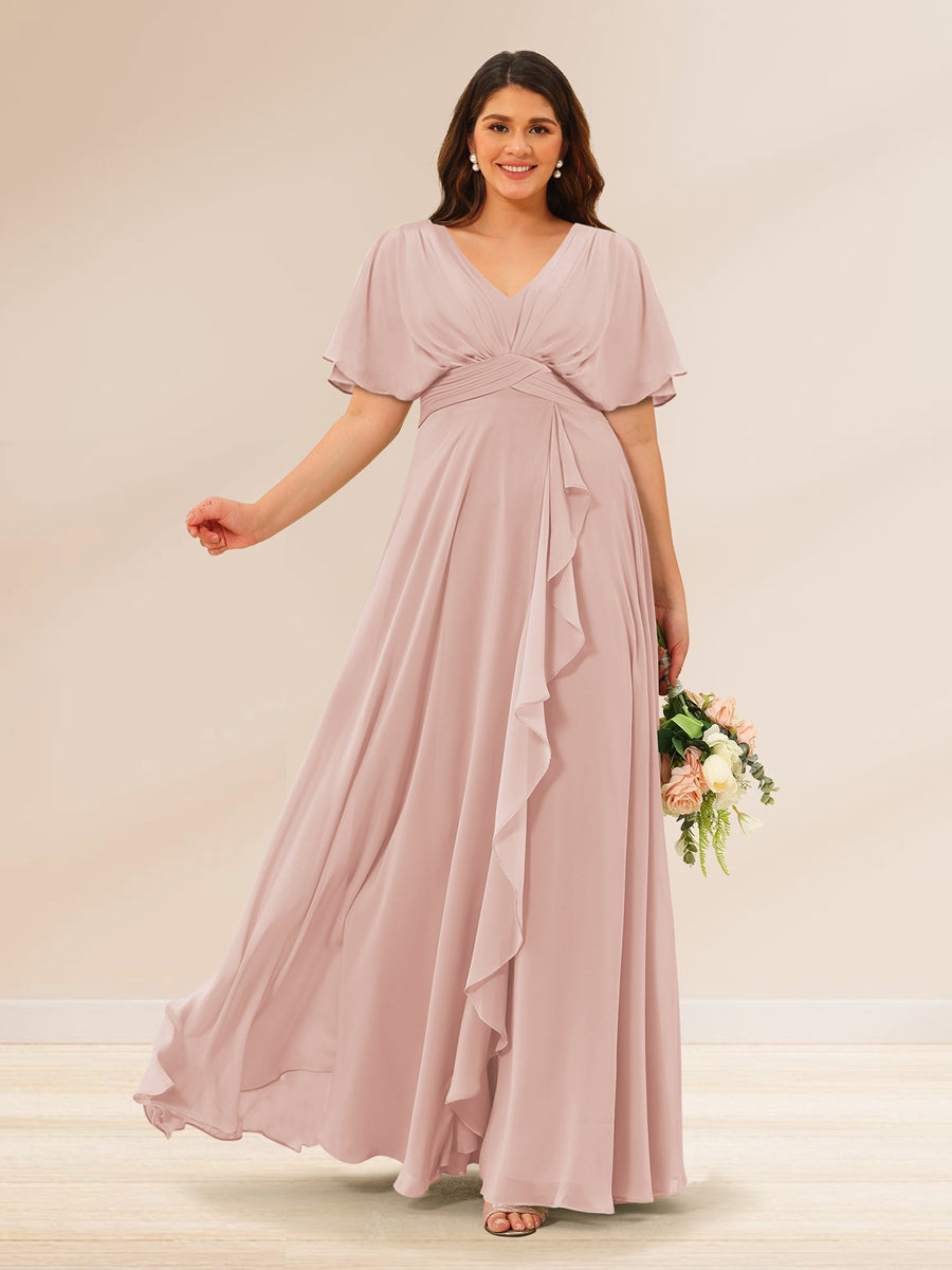 A-Line/Princess V-Neck Short Sleeves Plus Size Bridesmaid Dresses with Pockets Blush Pink