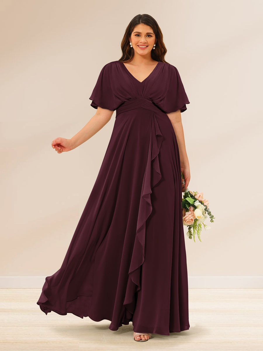 A-Line/Princess V-Neck Short Sleeves Plus Size Bridesmaid Dresses with Pockets Burgundy