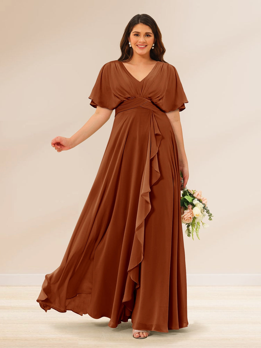 A-Line/Princess V-Neck Short Sleeves Plus Size Bridesmaid Dresses with Pockets Burnt Orange