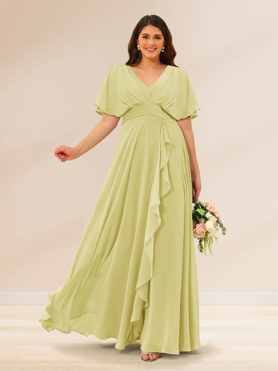 A-Line/Princess V-Neck Short Sleeves Plus Size Bridesmaid Dresses with Pockets Canary