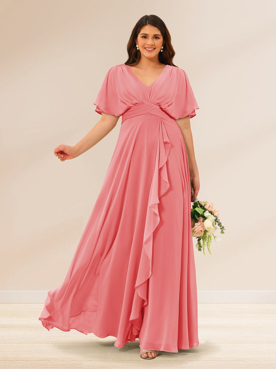 A-Line/Princess V-Neck Short Sleeves Plus Size Bridesmaid Dresses with Pockets Coral