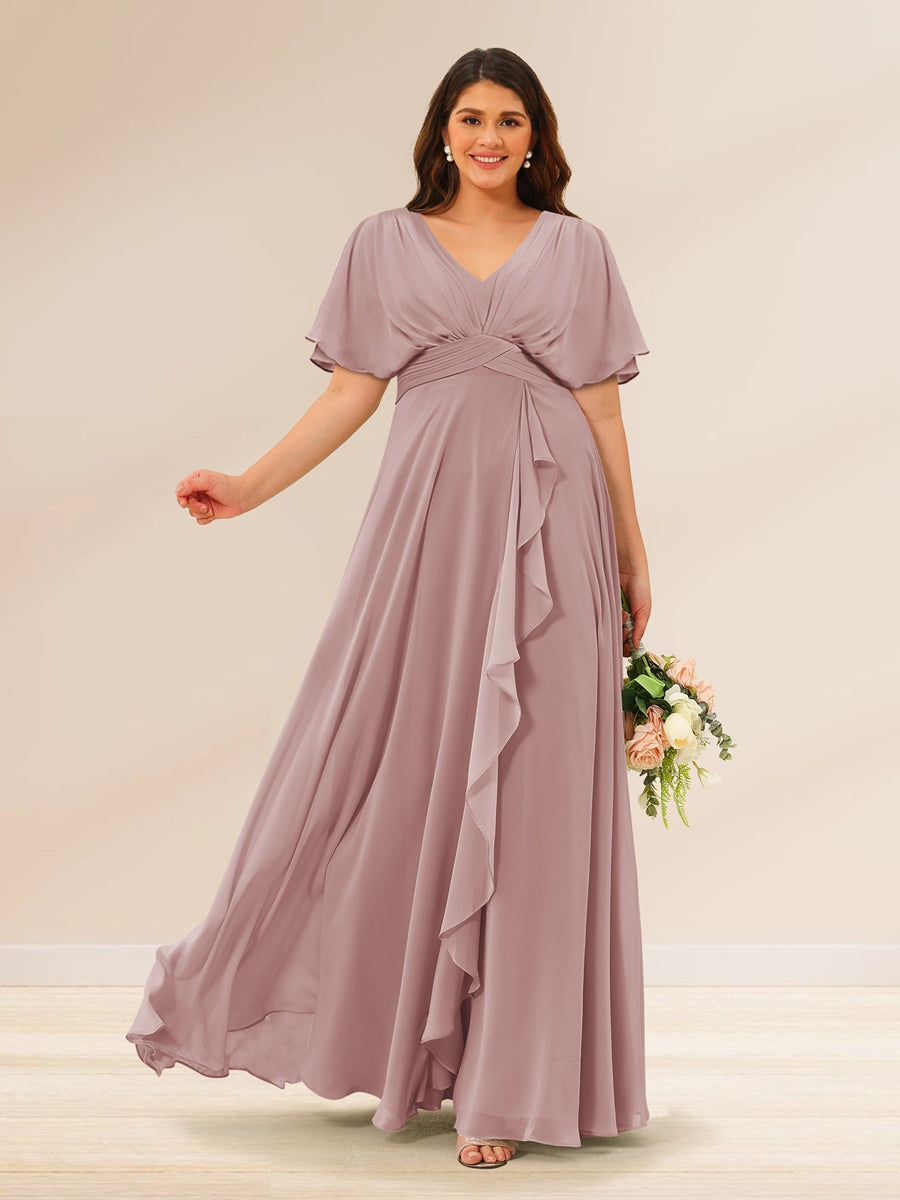 A-Line/Princess V-Neck Short Sleeves Plus Size Bridesmaid Dresses with Pockets Dusty Pink