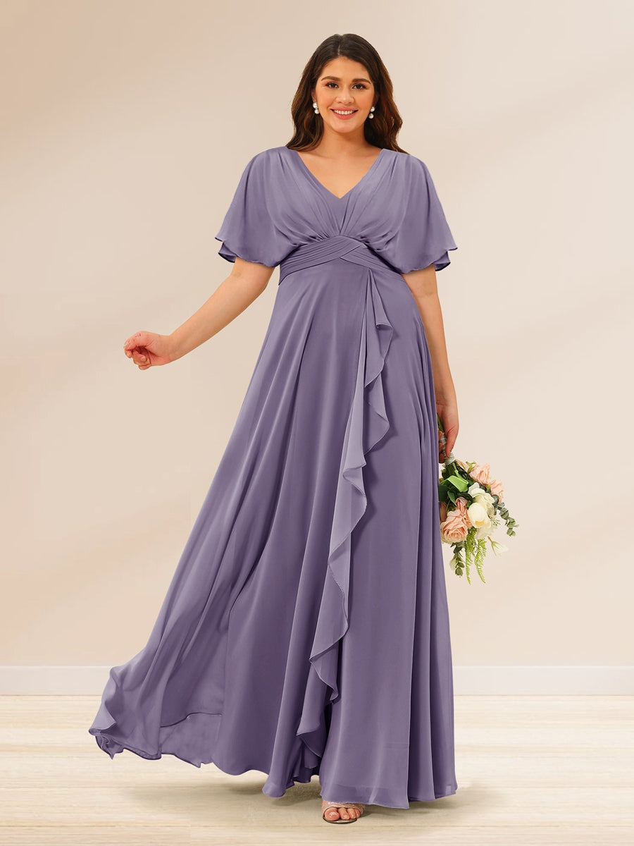 A-Line/Princess V-Neck Short Sleeves Plus Size Bridesmaid Dresses with Pockets Dusty Purple