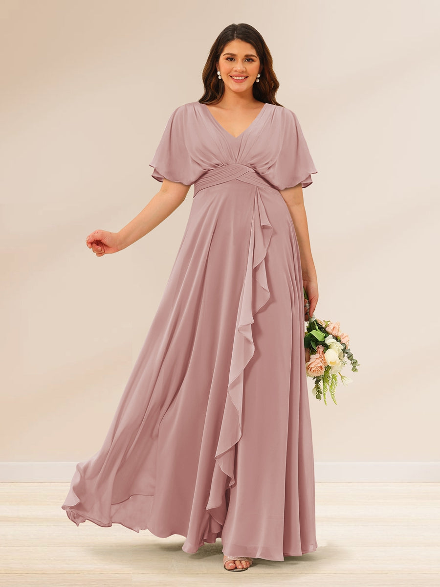 A-Line/Princess V-Neck Short Sleeves Plus Size Bridesmaid Dresses with Pockets Dusty Rose