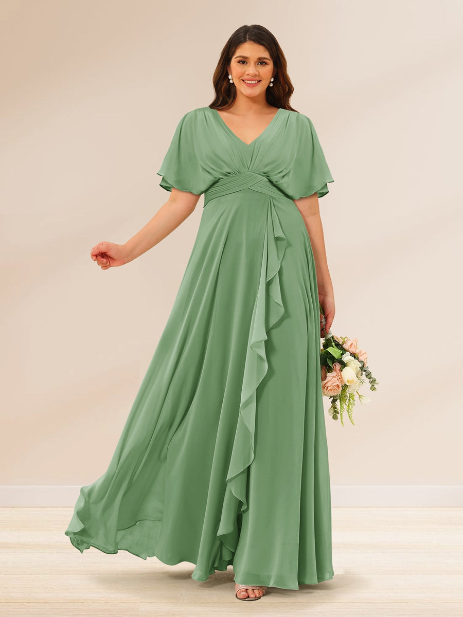 A-Line/Princess V-Neck Short Sleeves Plus Size Bridesmaid Dresses with Pockets Dusty Sage