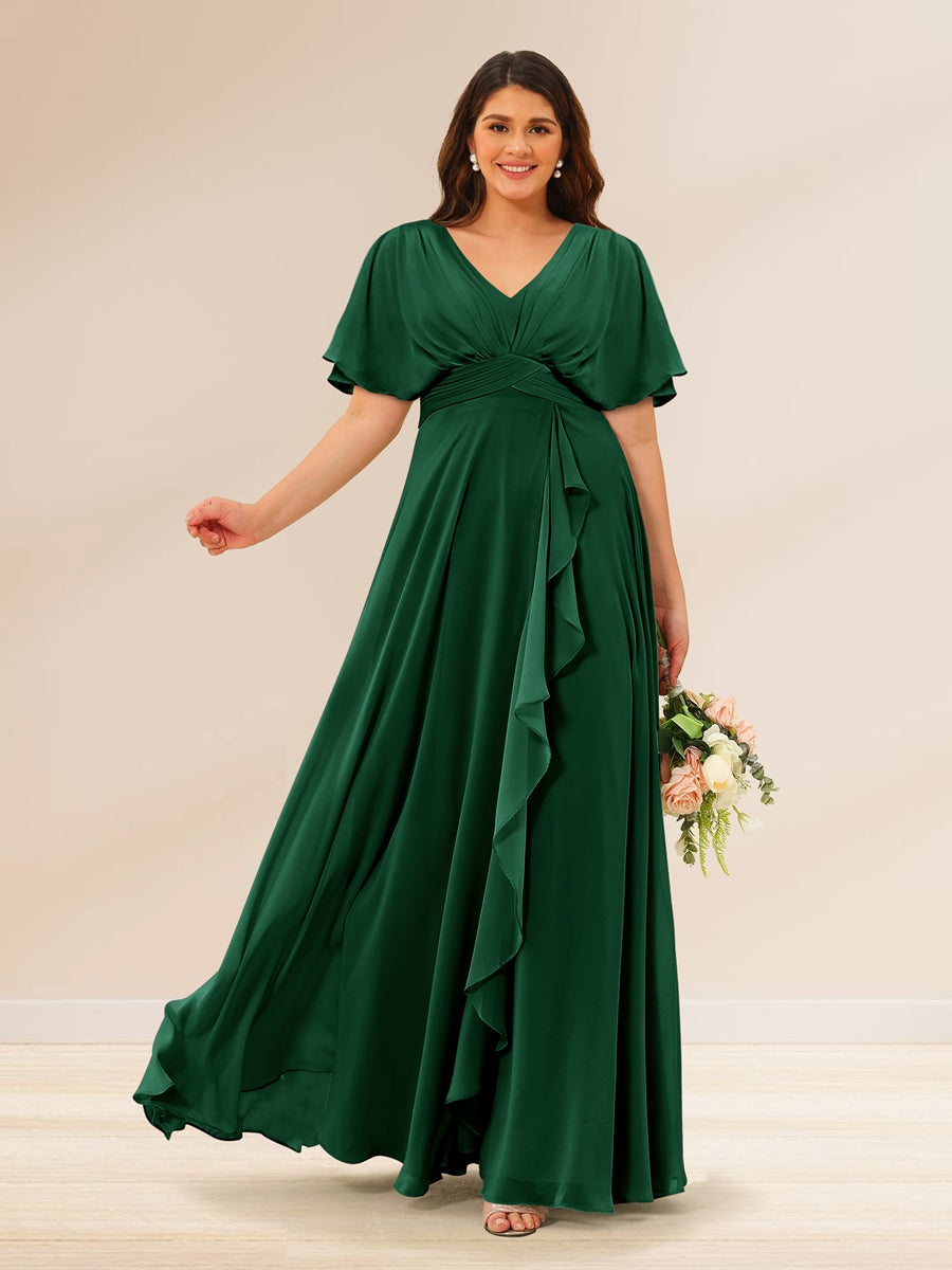 A-Line/Princess V-Neck Short Sleeves Plus Size Bridesmaid Dresses with Pockets Emerald