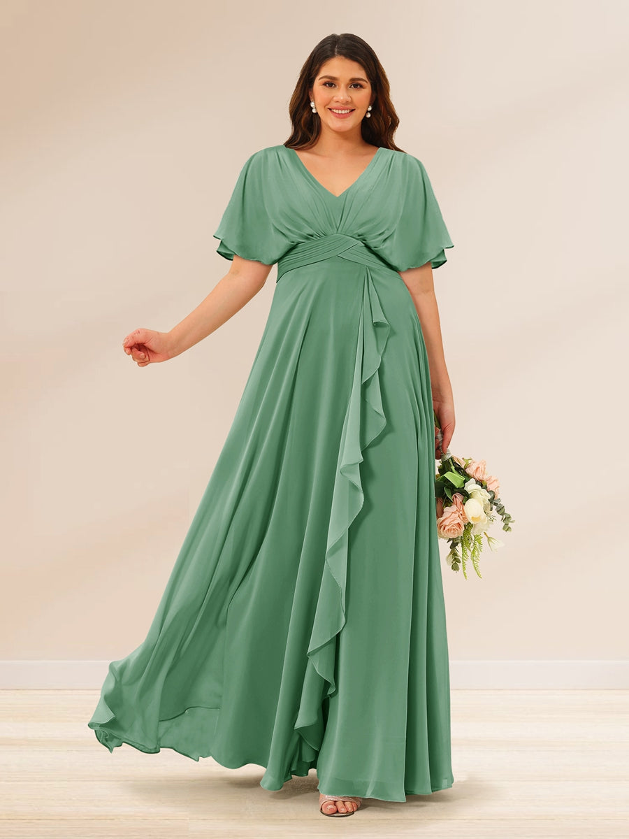 A-Line/Princess V-Neck Short Sleeves Plus Size Bridesmaid Dresses with Pockets Eucalyptus