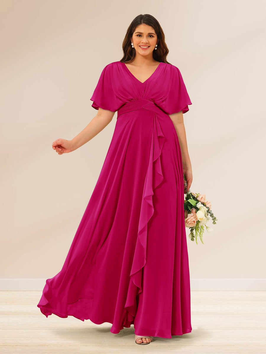 A-Line/Princess V-Neck Short Sleeves Plus Size Bridesmaid Dresses with Pockets Fuchsia