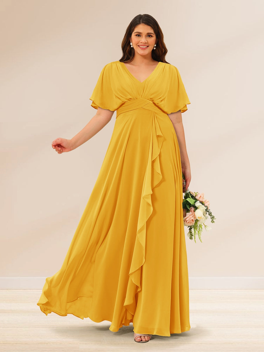 A-Line/Princess V-Neck Short Sleeves Plus Size Bridesmaid Dresses with Pockets Gold