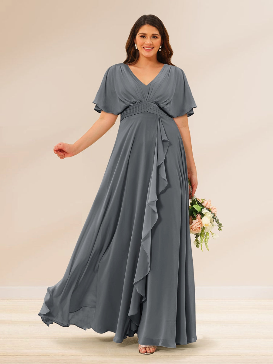 A-Line/Princess V-Neck Short Sleeves Plus Size Bridesmaid Dresses with Pockets Gray
