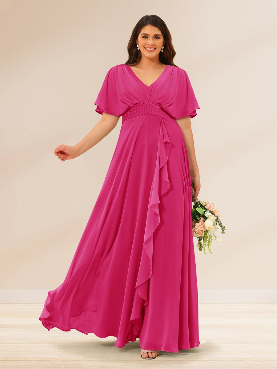 A-Line/Princess V-Neck Short Sleeves Plus Size Bridesmaid Dresses with Pockets Hot Pink