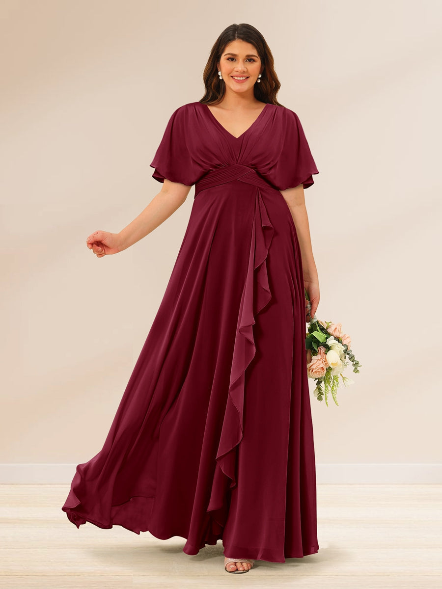 A-Line/Princess V-Neck Short Sleeves Plus Size Bridesmaid Dresses with Pockets Light Burgundy
