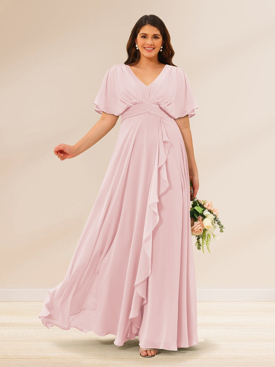 A-Line/Princess V-Neck Short Sleeves Plus Size Bridesmaid Dresses with Pockets Light Pink