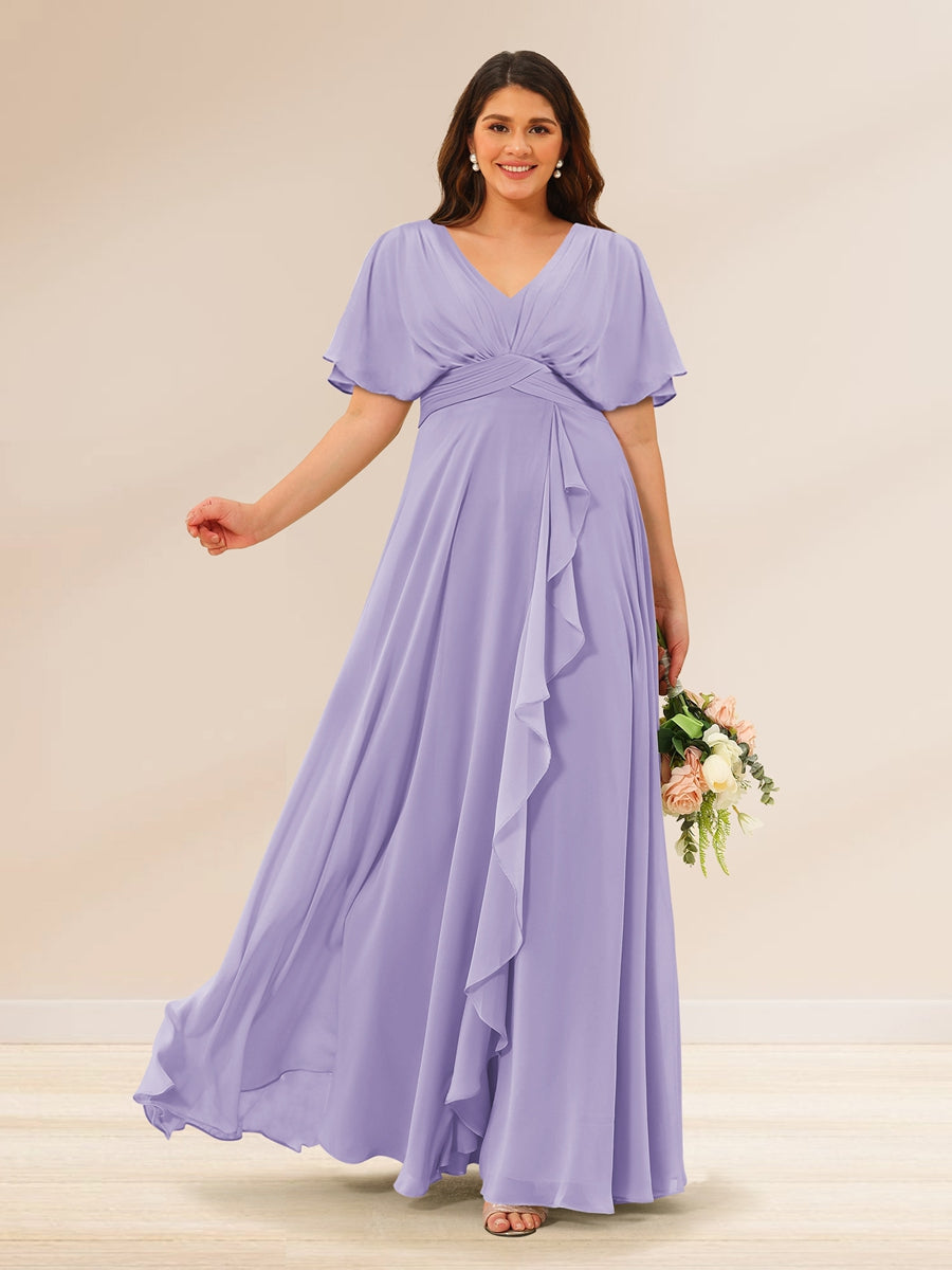 A-Line/Princess V-Neck Short Sleeves Plus Size Bridesmaid Dresses with Pockets Lilac