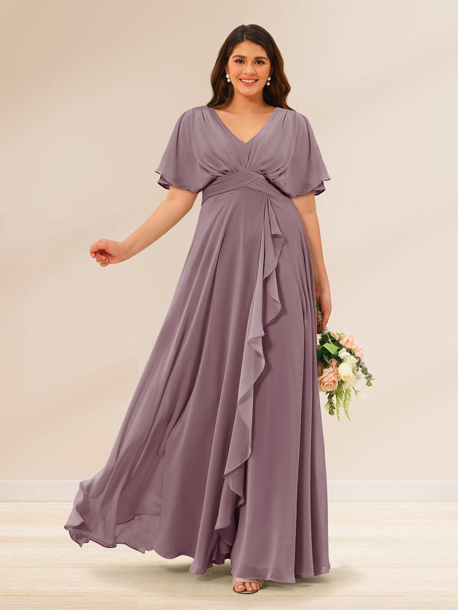 A-Line/Princess V-Neck Short Sleeves Plus Size Bridesmaid Dresses with Pockets Mauve