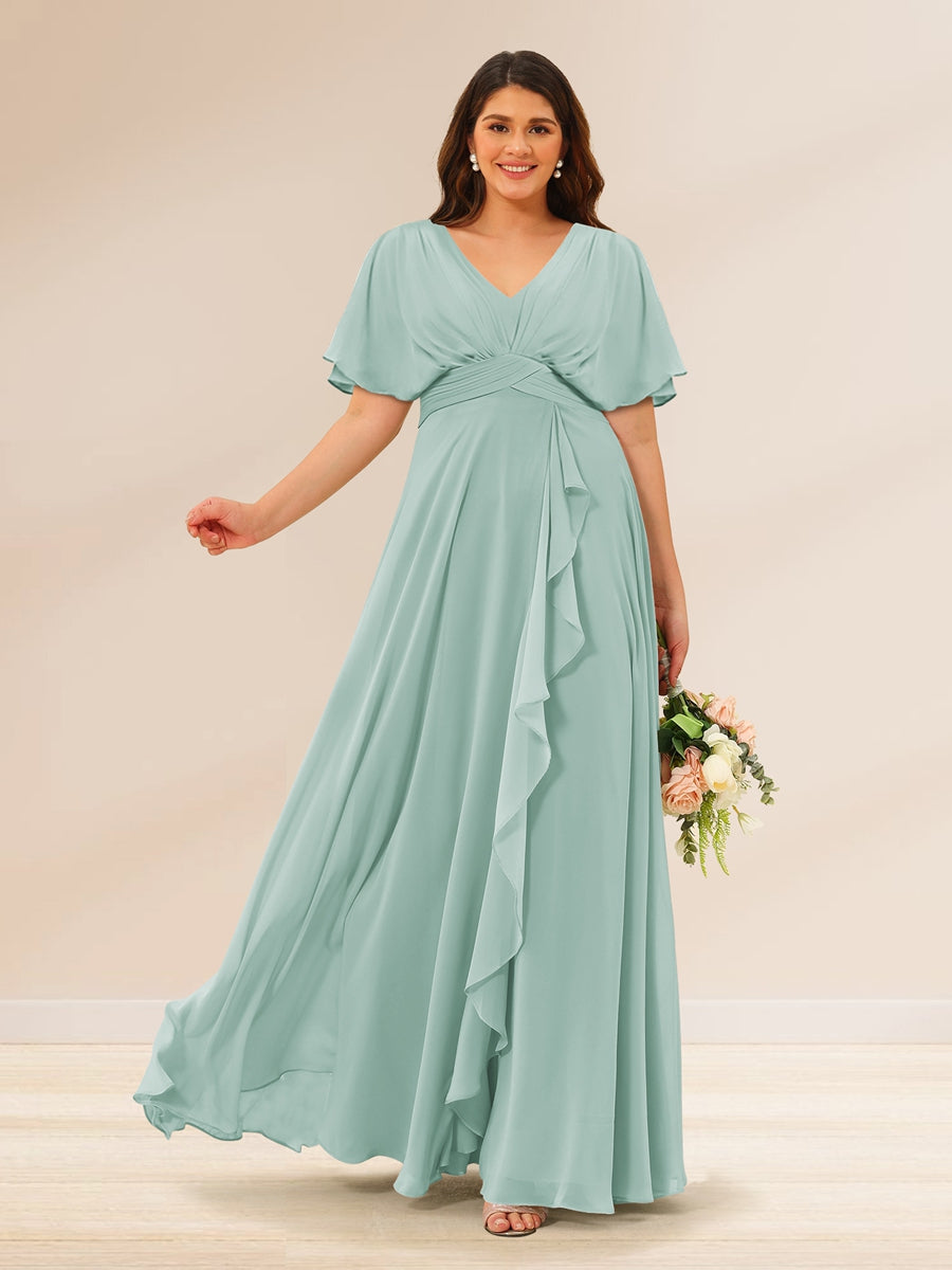 A-Line/Princess V-Neck Short Sleeves Plus Size Bridesmaid Dresses with Pockets Mist Blue