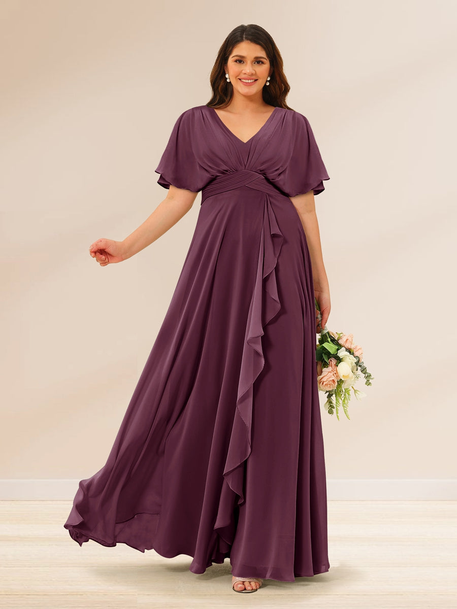 A-Line/Princess V-Neck Short Sleeves Plus Size Bridesmaid Dresses with Pockets Mulberry