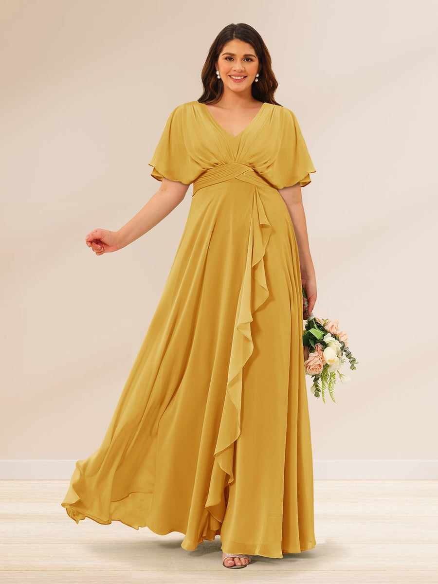 A-Line/Princess V-Neck Short Sleeves Plus Size Bridesmaid Dresses with Pockets Mustard Yellow