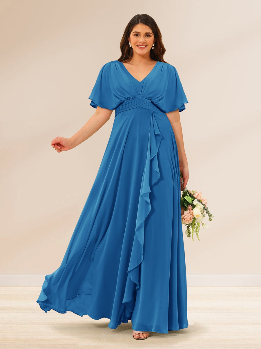 A-Line/Princess V-Neck Short Sleeves Plus Size Bridesmaid Dresses with Pockets Ocean Blue