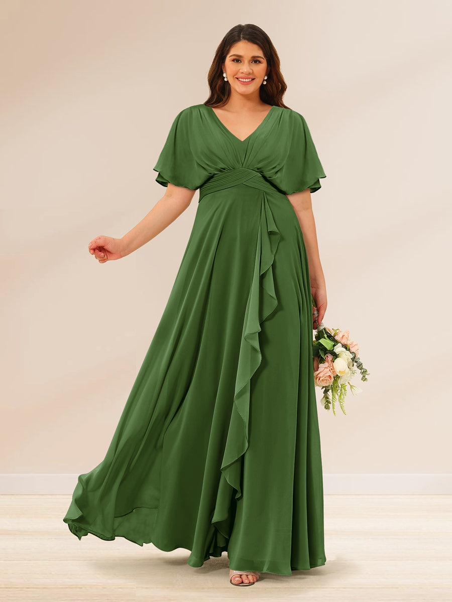 A-Line/Princess V-Neck Short Sleeves Plus Size Bridesmaid Dresses with Pockets Olive Green