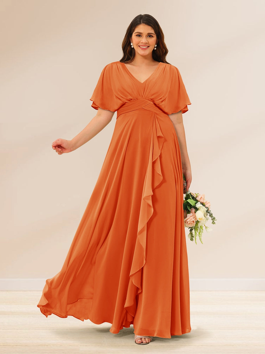 A-Line/Princess V-Neck Short Sleeves Plus Size Bridesmaid Dresses with Pockets Orange