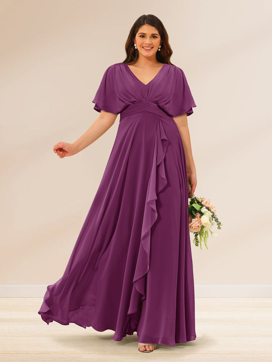 A-Line/Princess V-Neck Short Sleeves Plus Size Bridesmaid Dresses with Pockets Orchid