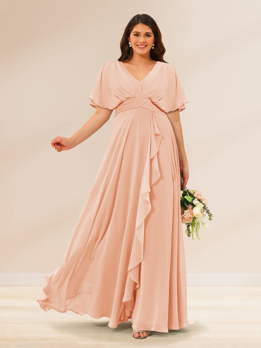A-Line/Princess V-Neck Short Sleeves Plus Size Bridesmaid Dresses with Pockets Peach Pink