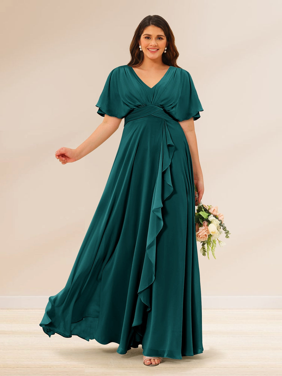 A-Line/Princess V-Neck Short Sleeves Plus Size Bridesmaid Dresses with Pockets Peacock
