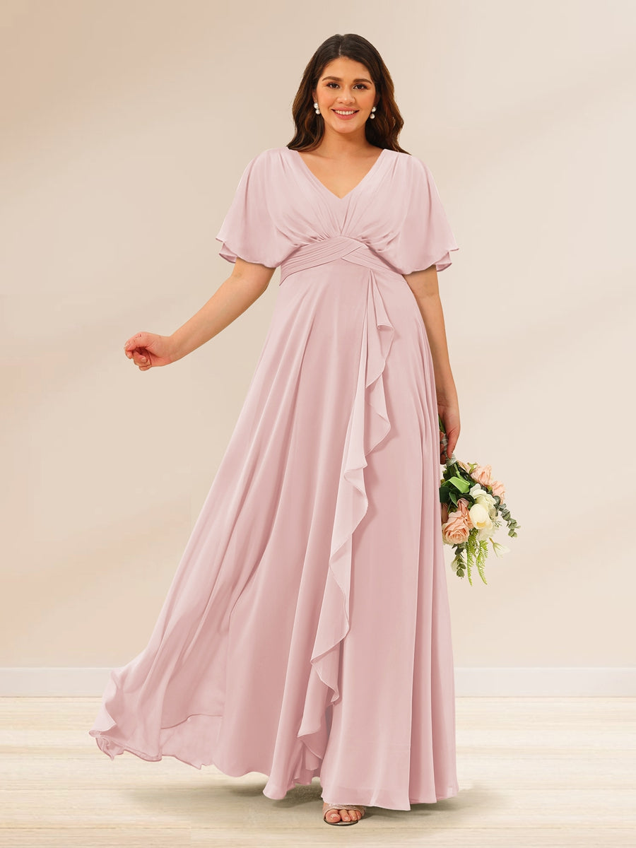 A-Line/Princess V-Neck Short Sleeves Plus Size Bridesmaid Dresses with Pockets Pearl Pink