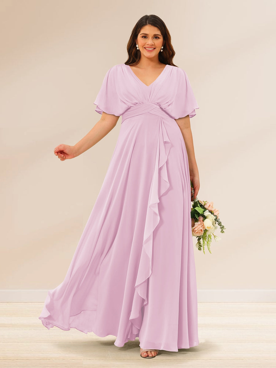 A-Line/Princess V-Neck Short Sleeves Plus Size Bridesmaid Dresses with Pockets Pink