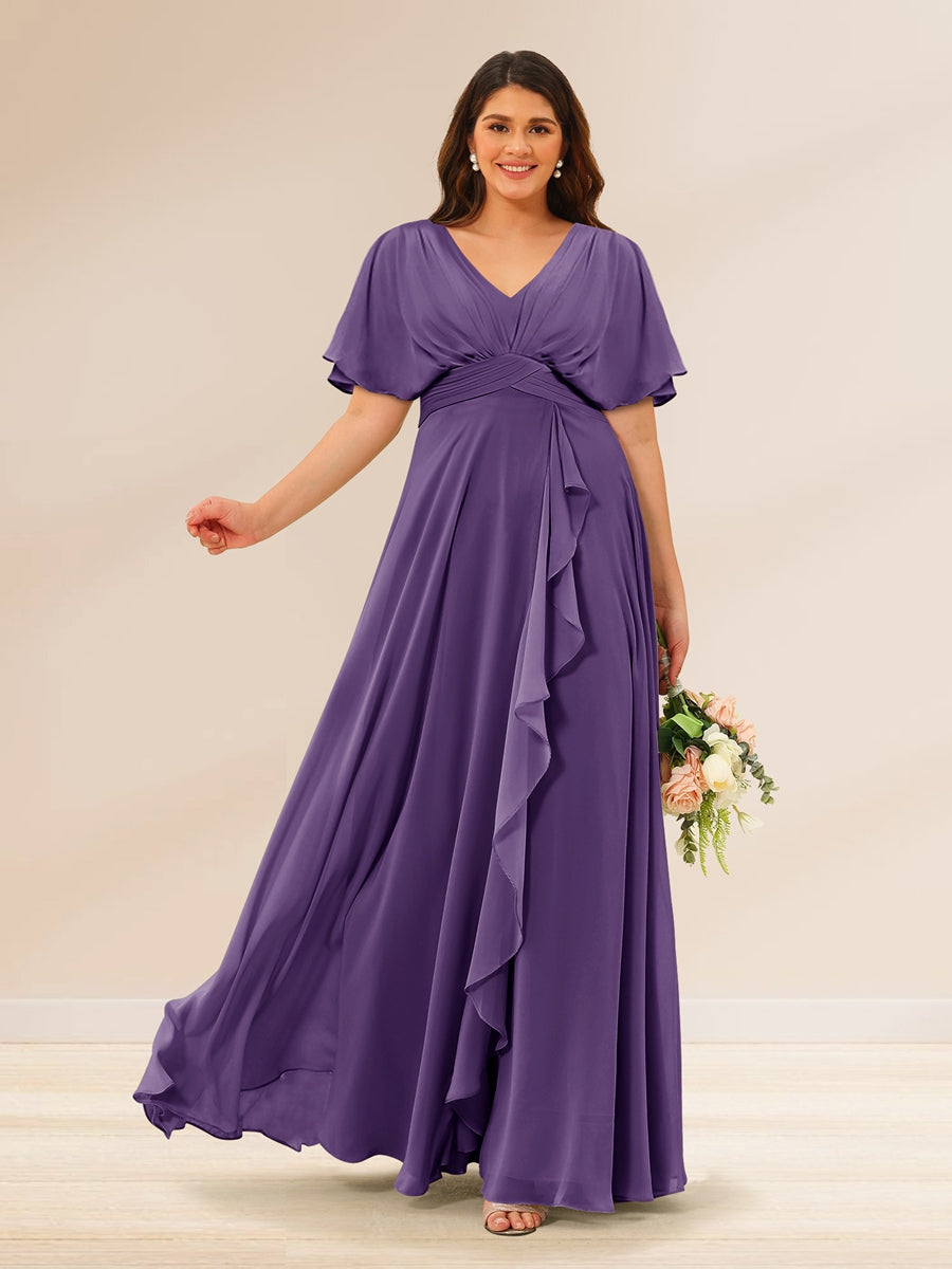 A-Line/Princess V-Neck Short Sleeves Plus Size Bridesmaid Dresses with Pockets Purple