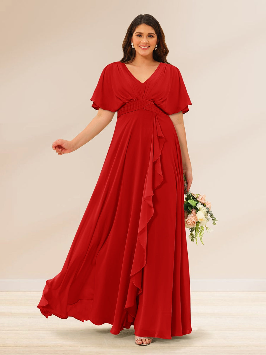 A-Line/Princess V-Neck Short Sleeves Plus Size Bridesmaid Dresses with Pockets Red