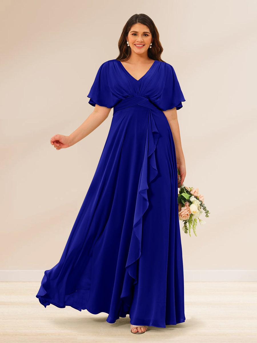 A-Line/Princess V-Neck Short Sleeves Plus Size Bridesmaid Dresses with Pockets Royal Blue