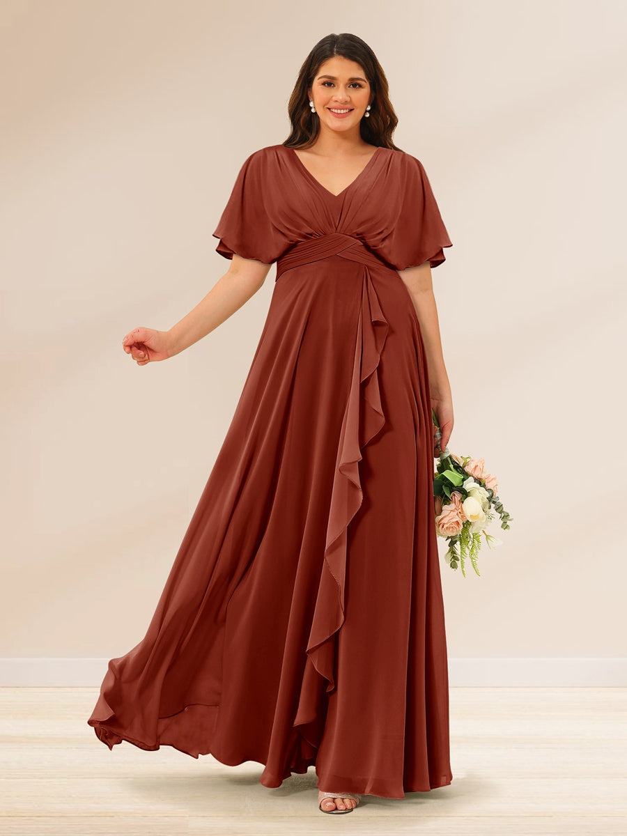 A-Line/Princess V-Neck Short Sleeves Plus Size Bridesmaid Dresses with Pockets Rust
