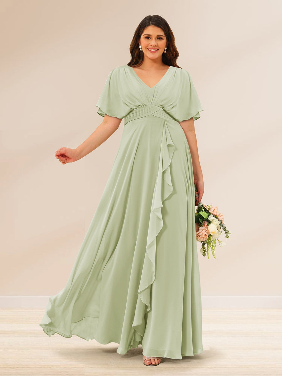 A-Line/Princess V-Neck Short Sleeves Plus Size Bridesmaid Dresses with Pockets Sage