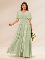 A-Line/Princess V-Neck Short Sleeves Plus Size Bridesmaid Dresses with Pockets Sage