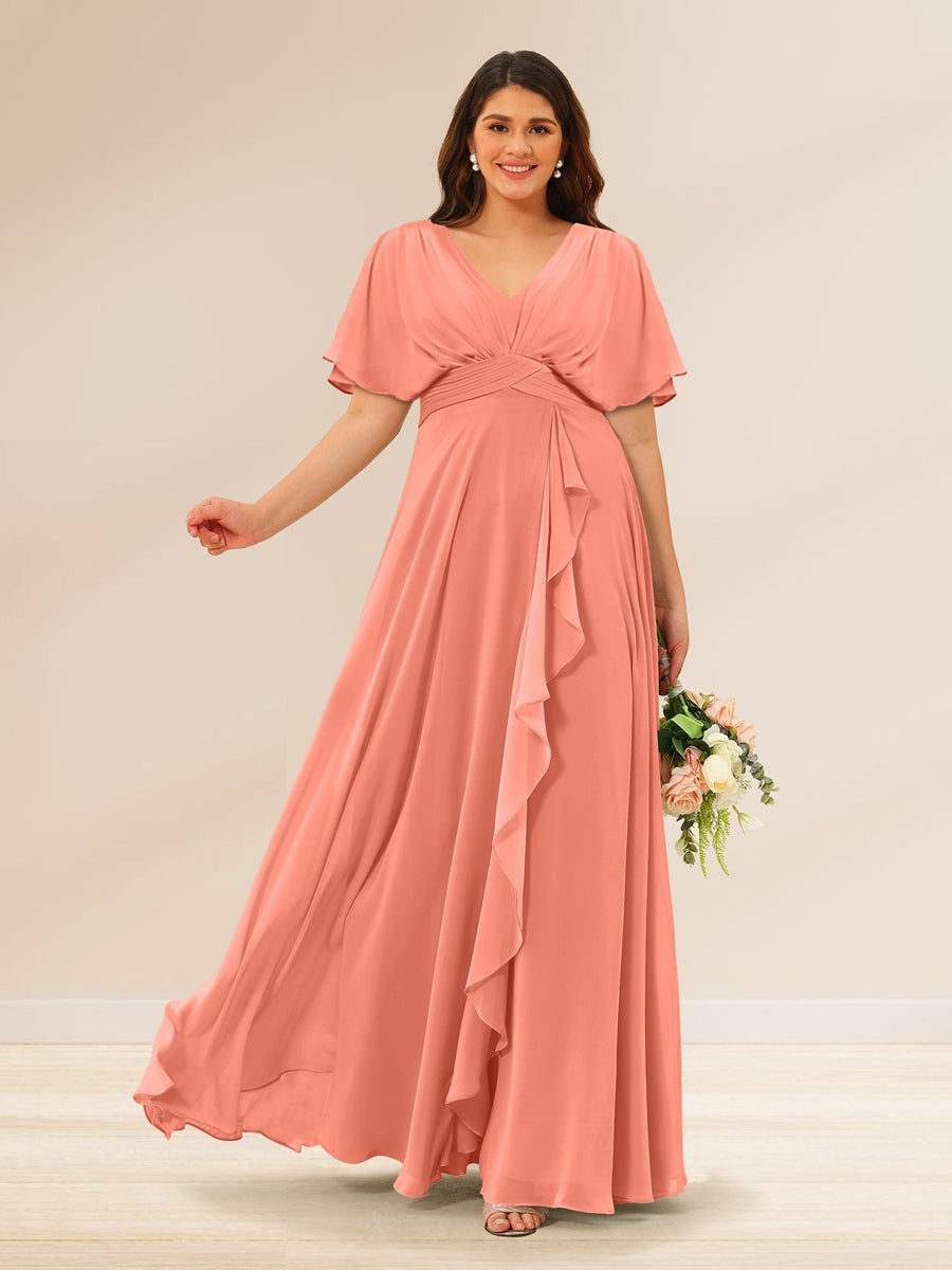 A-Line/Princess V-Neck Short Sleeves Plus Size Bridesmaid Dresses with Pockets Salmon