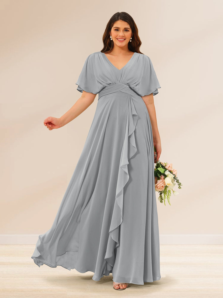 A-Line/Princess V-Neck Short Sleeves Plus Size Bridesmaid Dresses with Pockets Silver