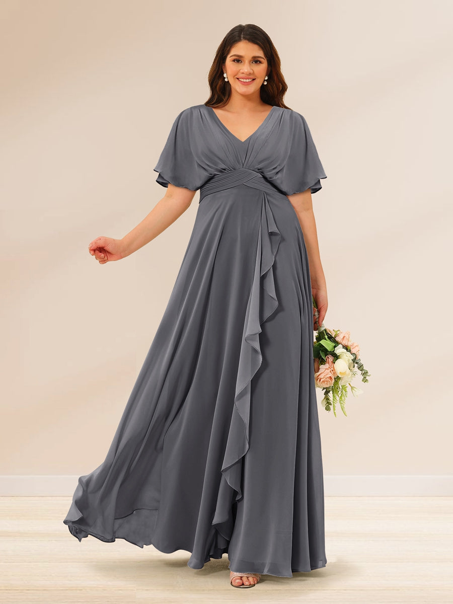 A-Line/Princess V-Neck Short Sleeves Plus Size Bridesmaid Dresses with Pockets Silver Gray