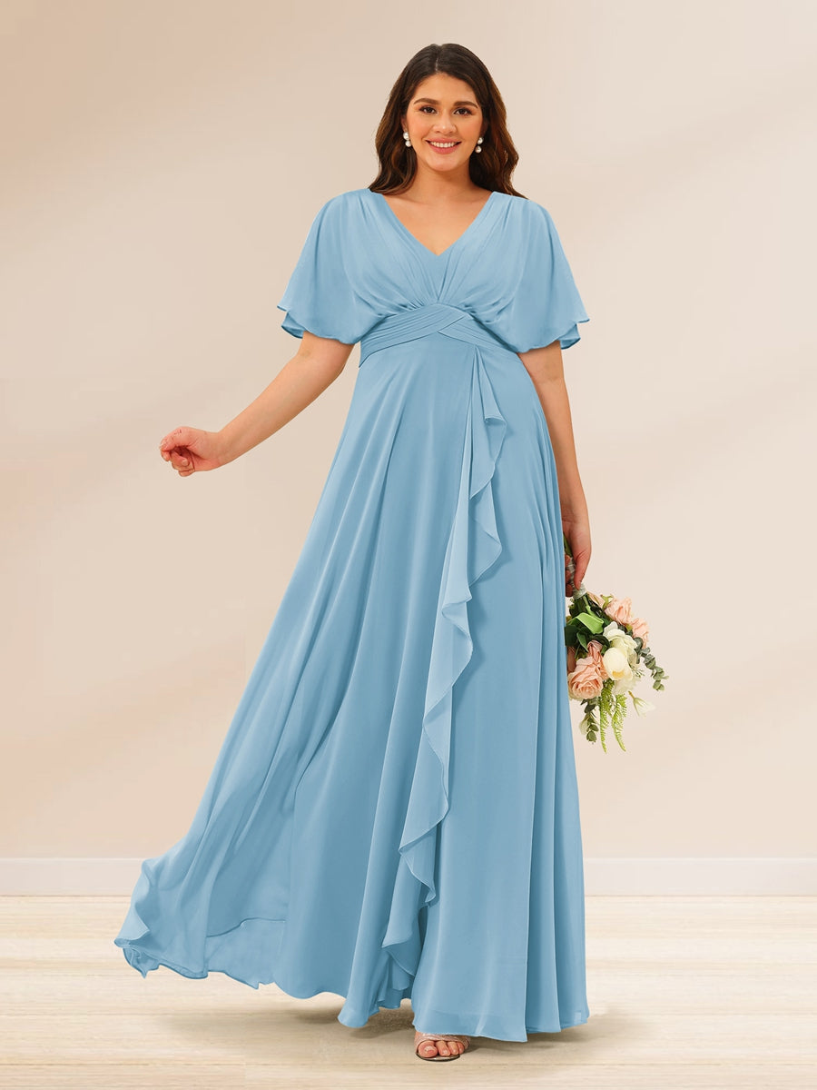 A-Line/Princess V-Neck Short Sleeves Plus Size Bridesmaid Dresses with Pockets Sky Blue