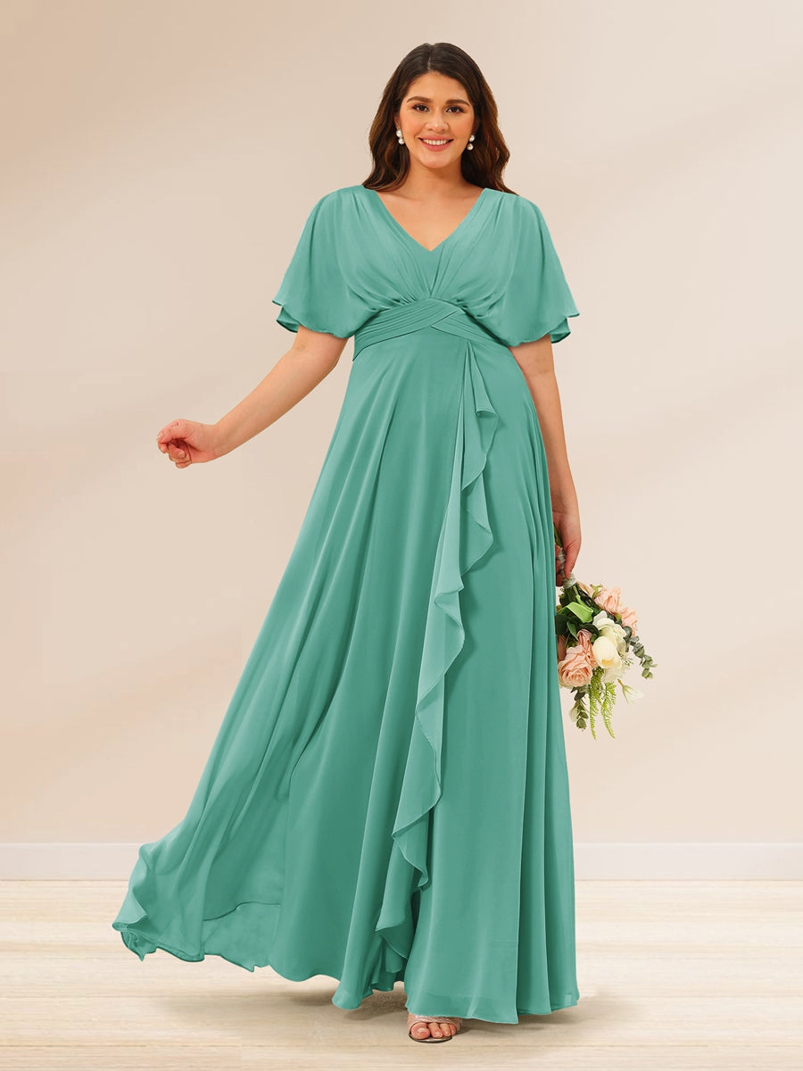 A-Line/Princess V-Neck Short Sleeves Plus Size Bridesmaid Dresses with Pockets Spa