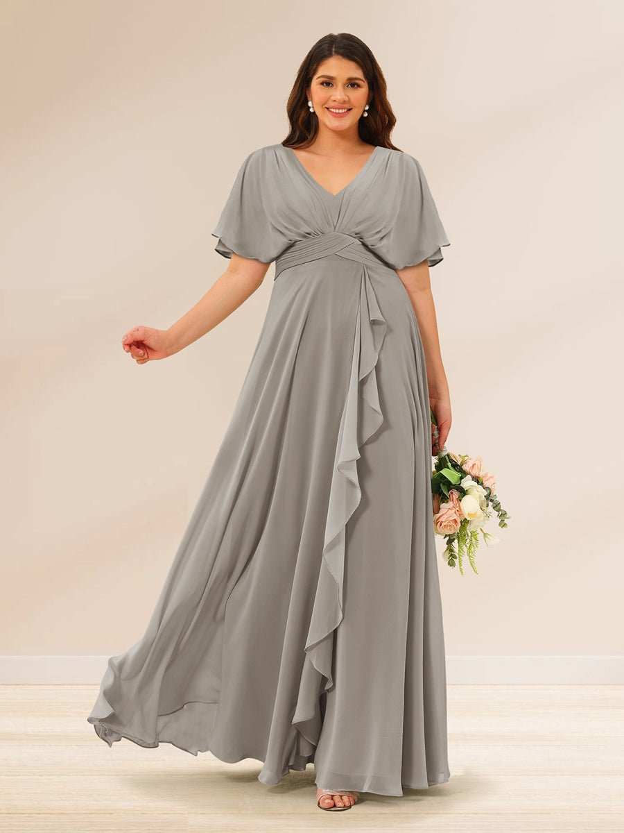 A-Line/Princess V-Neck Short Sleeves Plus Size Bridesmaid Dresses with Pockets Taupe