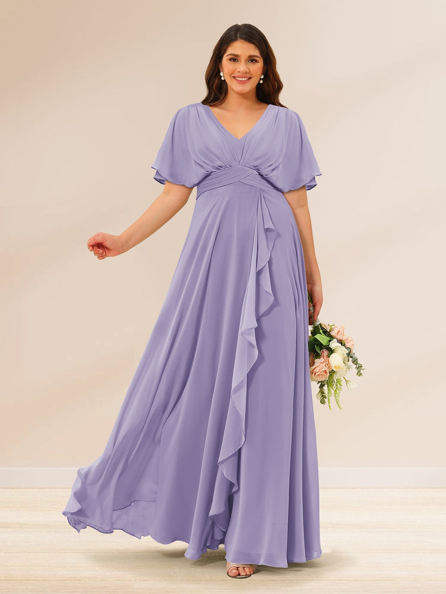 A-Line/Princess V-Neck Short Sleeves Plus Size Bridesmaid Dresses with Pockets Wisteria