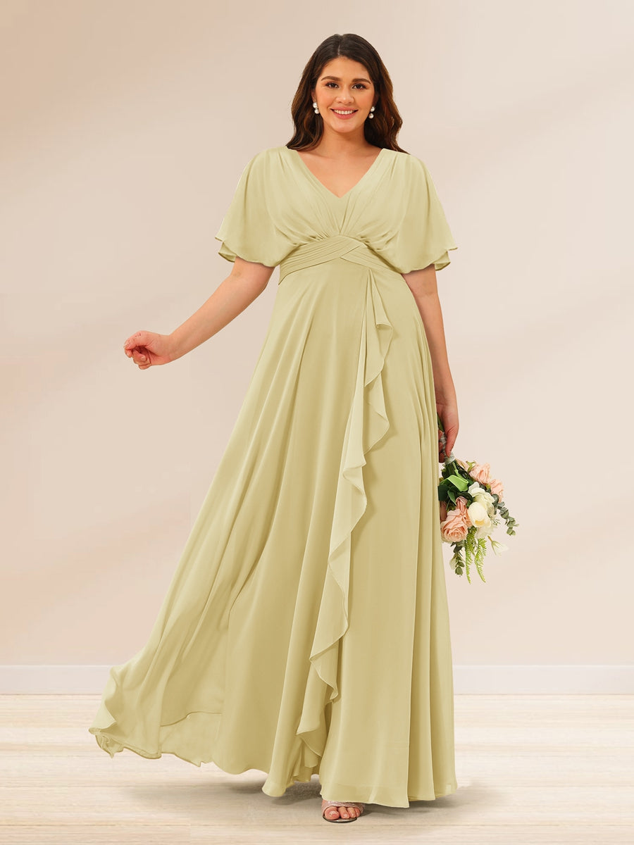 A-Line/Princess V-Neck Short Sleeves Plus Size Bridesmaid Dresses with Pockets Yellow