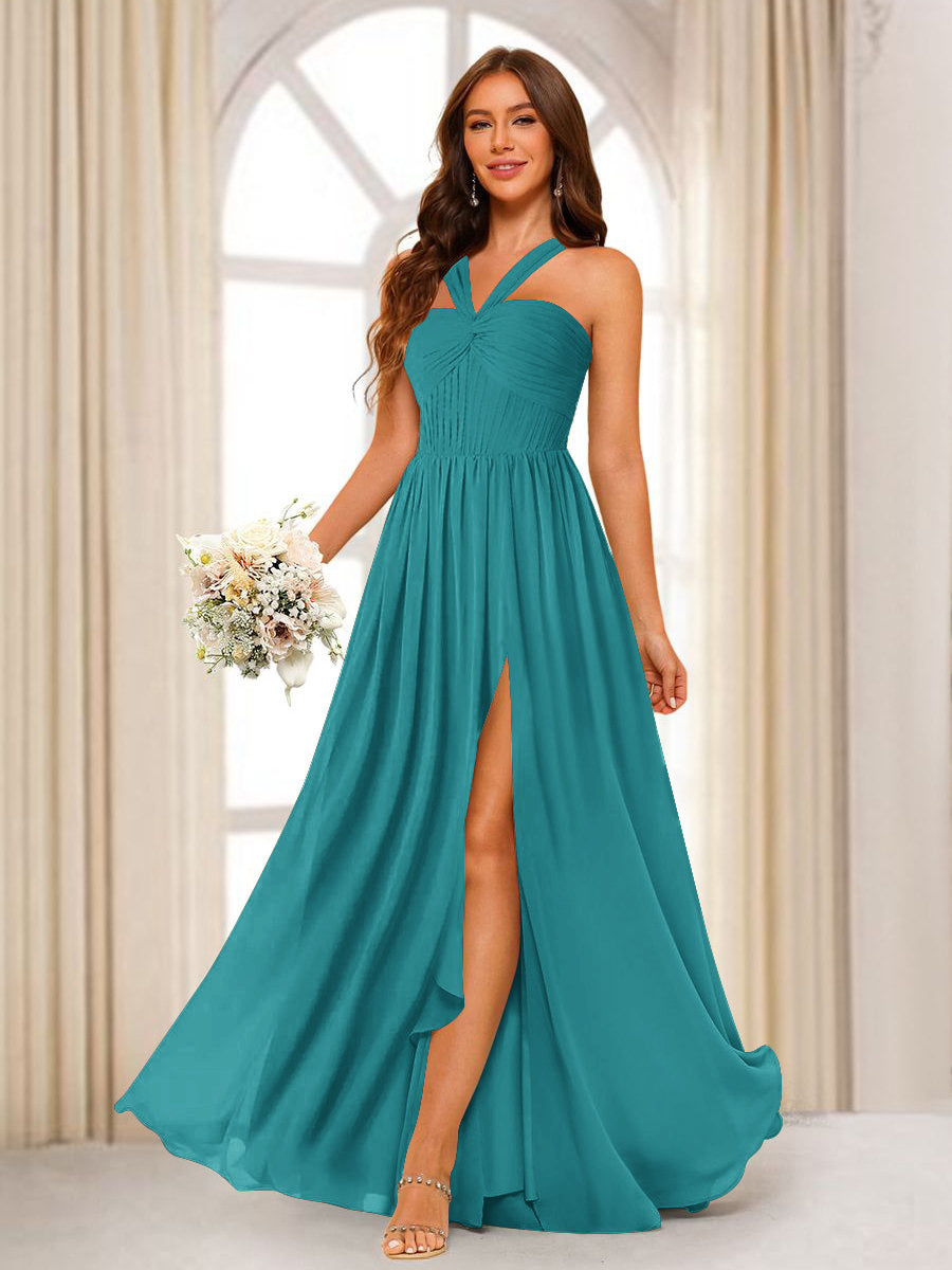 A-Line/Princess Halter Long Bridesmaid Dresses with Split Side Aqua Blue