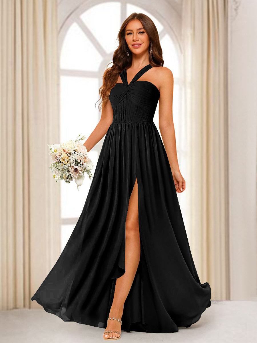 A-Line/Princess Halter Long Bridesmaid Dresses with Split Side Black