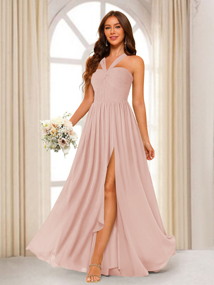 A-Line/Princess Halter Long Bridesmaid Dresses with Split Side Blush Pink
