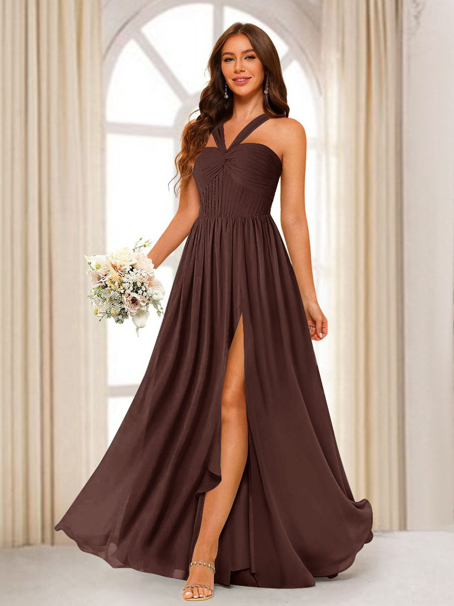 A-Line/Princess Halter Long Bridesmaid Dresses with Split Side Brown