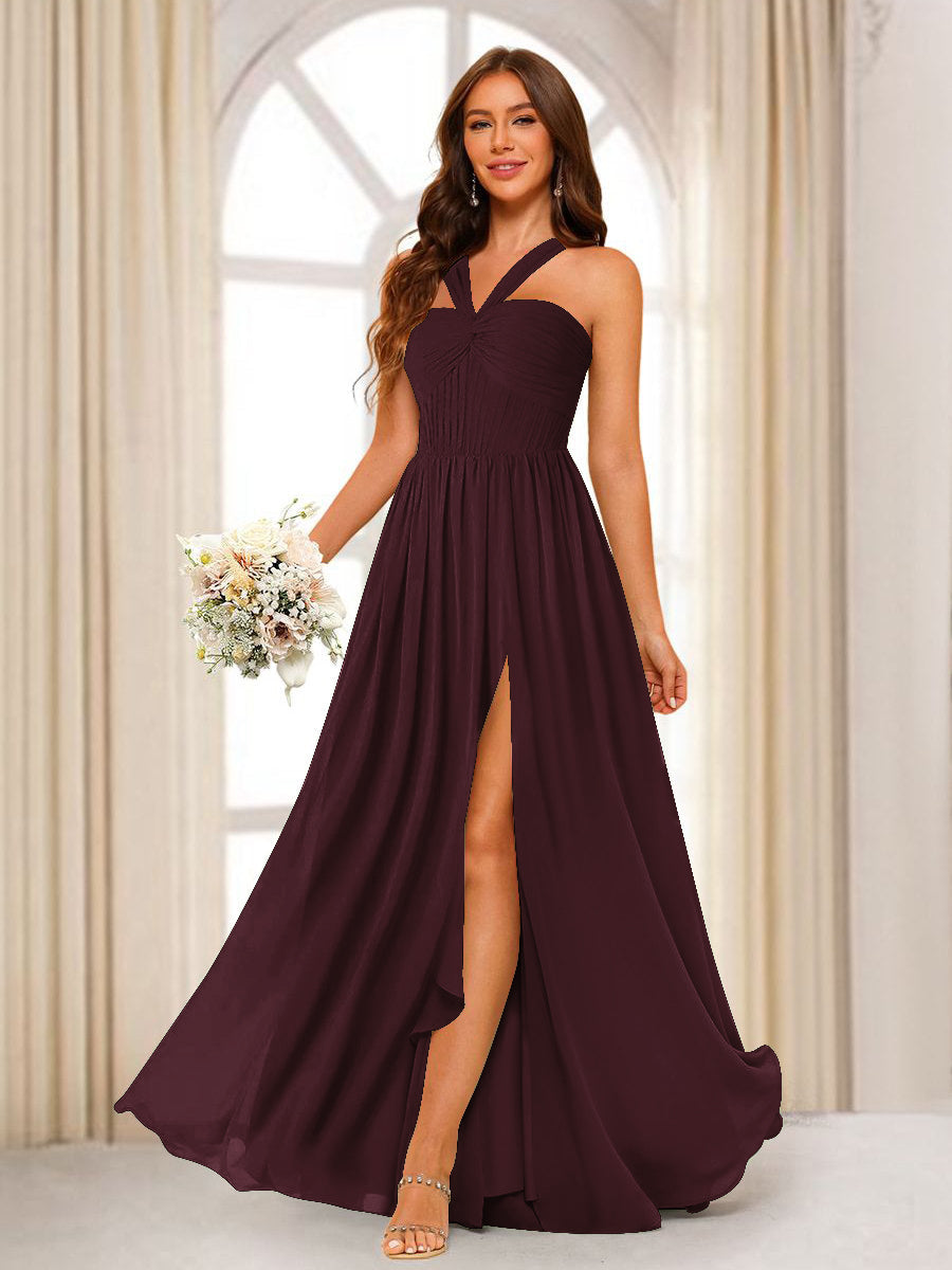 A-Line/Princess Halter Long Bridesmaid Dresses with Split Side Burgundy