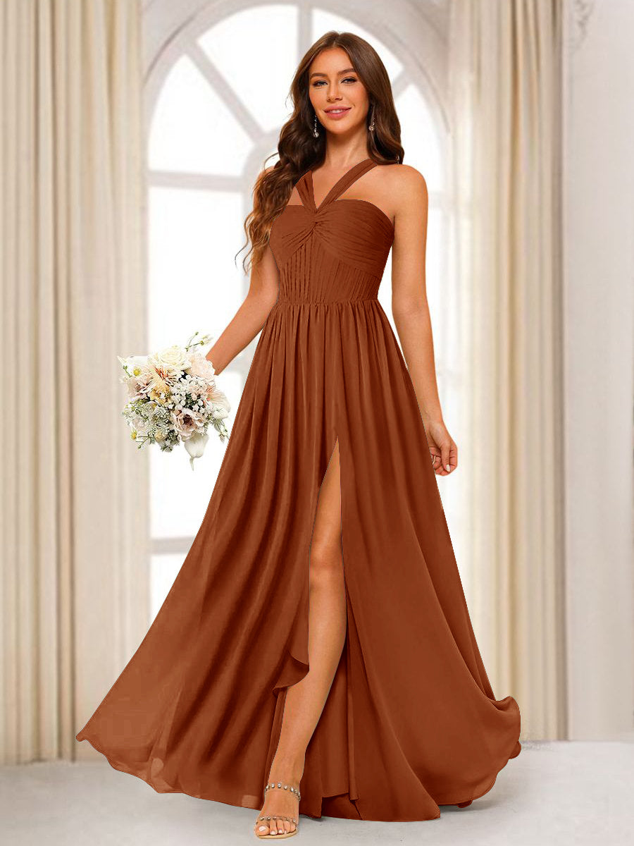 A-Line/Princess Halter Long Bridesmaid Dresses with Split Side Burnt Orange
